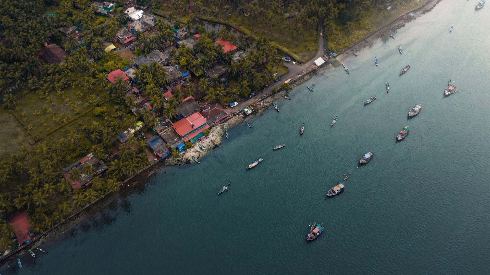 Aerial view of fishing boats moored off the Goa coast