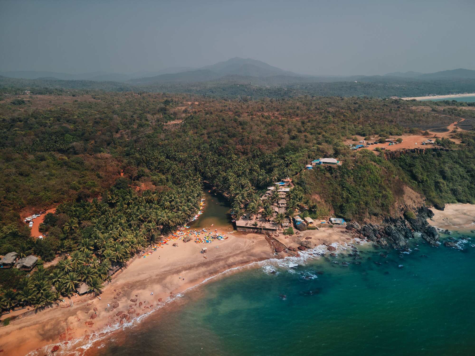 Aerial view of a quiet stretch of beach on the Goa coastline